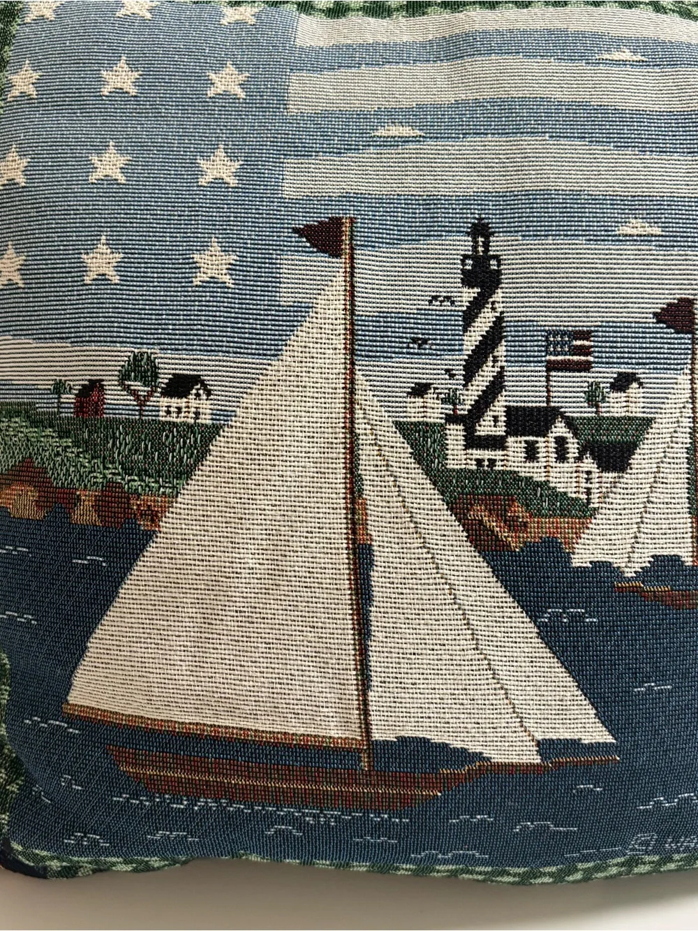 Warren Kimble Needlepoint Tapestry Throw Pillow Nautical Lighthouse Sailboat 15”